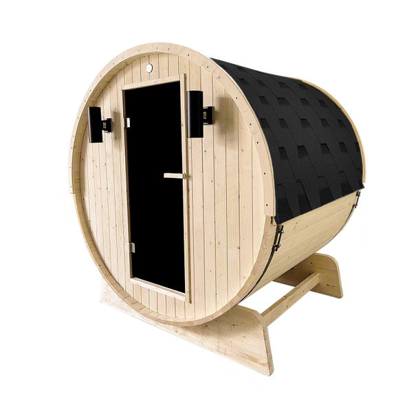 Aleko Outdoor and Indoor White Pine Barrel Sauna - 3-4 Person - 4.5 kW UL Certified Heater - Bitumen Shingle Roofing